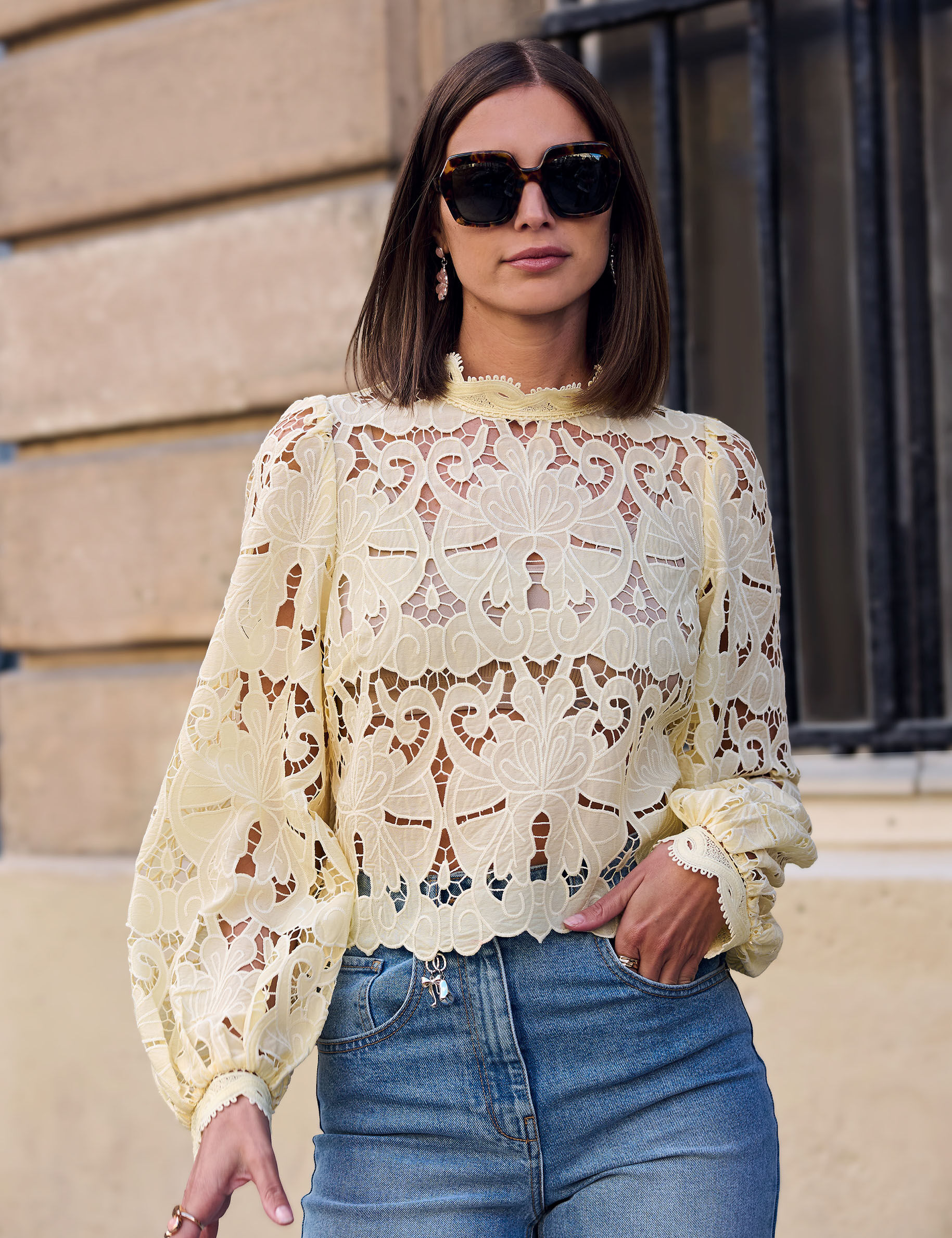 Embroidered Blouse With High Neck Pastel Yellow Women