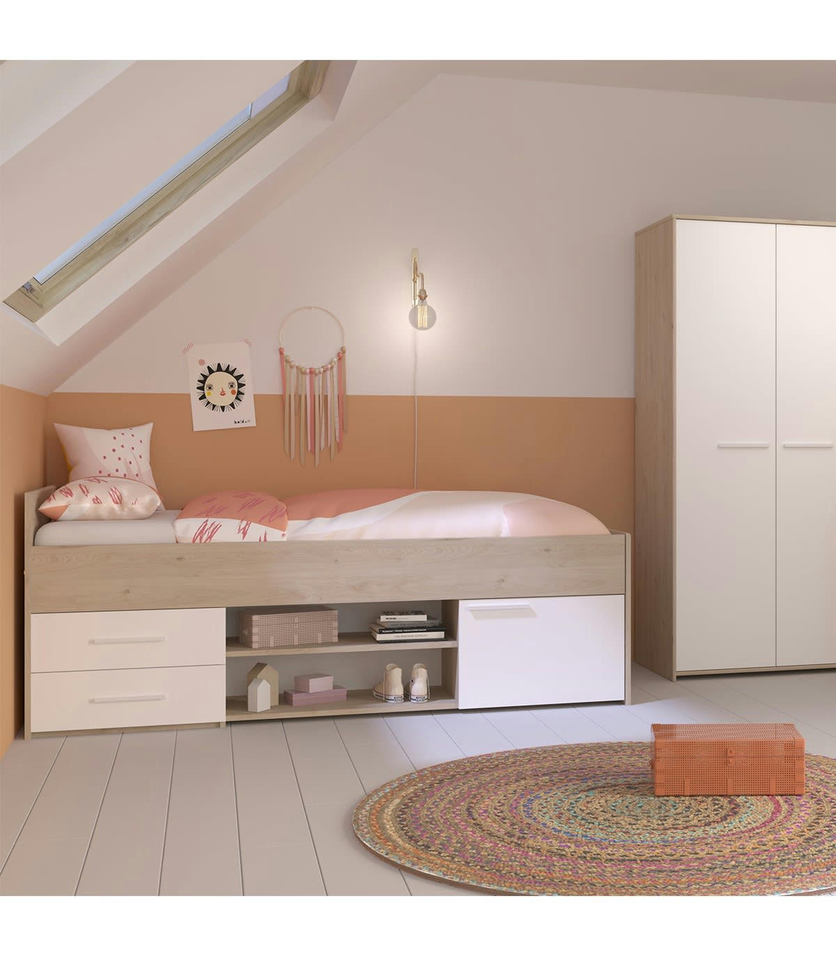 FINLAND - Lit rangement 2 Tiroirs 1 Porte - 90x190/200 cm - Décor chêne et blanc