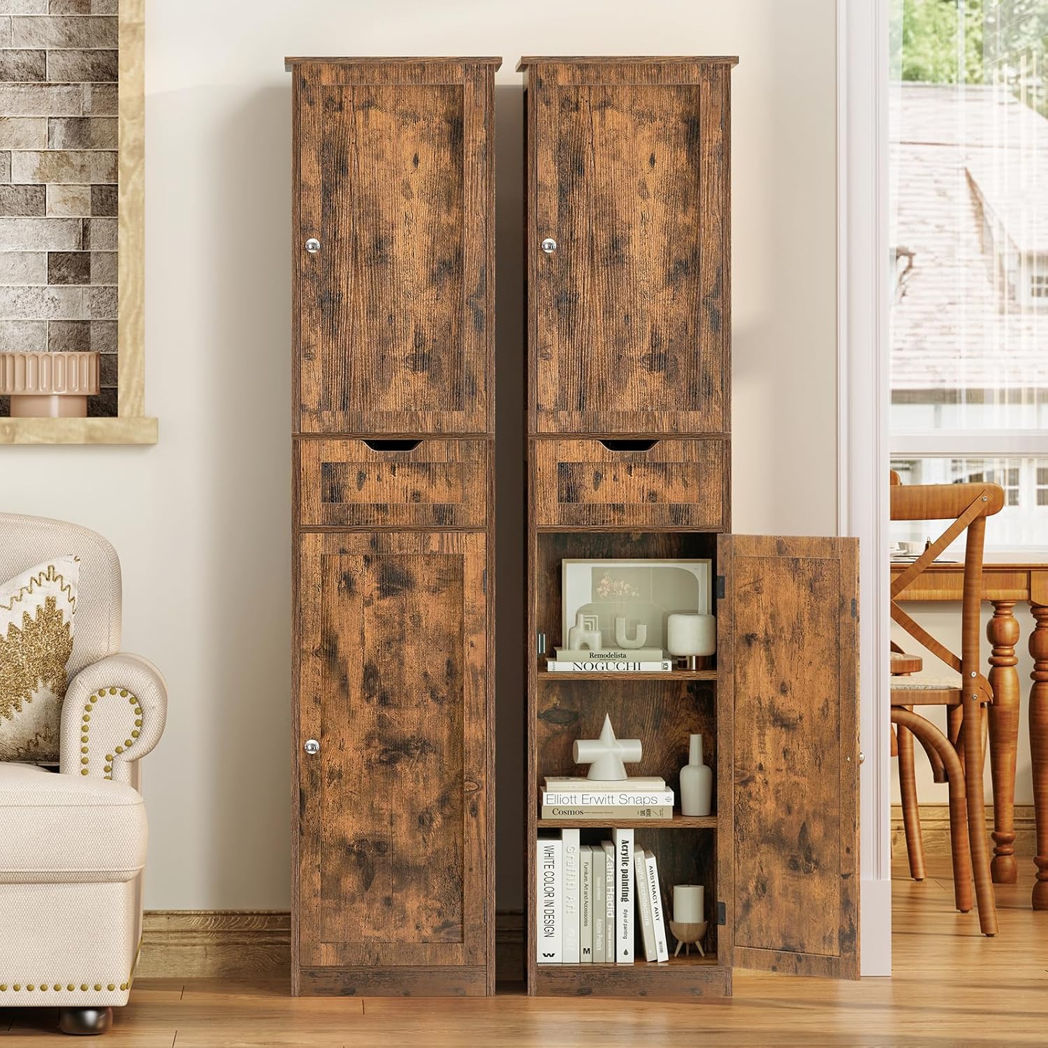 Iwell 67 Tall Storage Cabinet, Bathroom Cabinet with Drawer & Adjustable Shelves, Narrow Storage Cabinet, Floor Cabinet for Living Room, Home Office, Rustic Brown