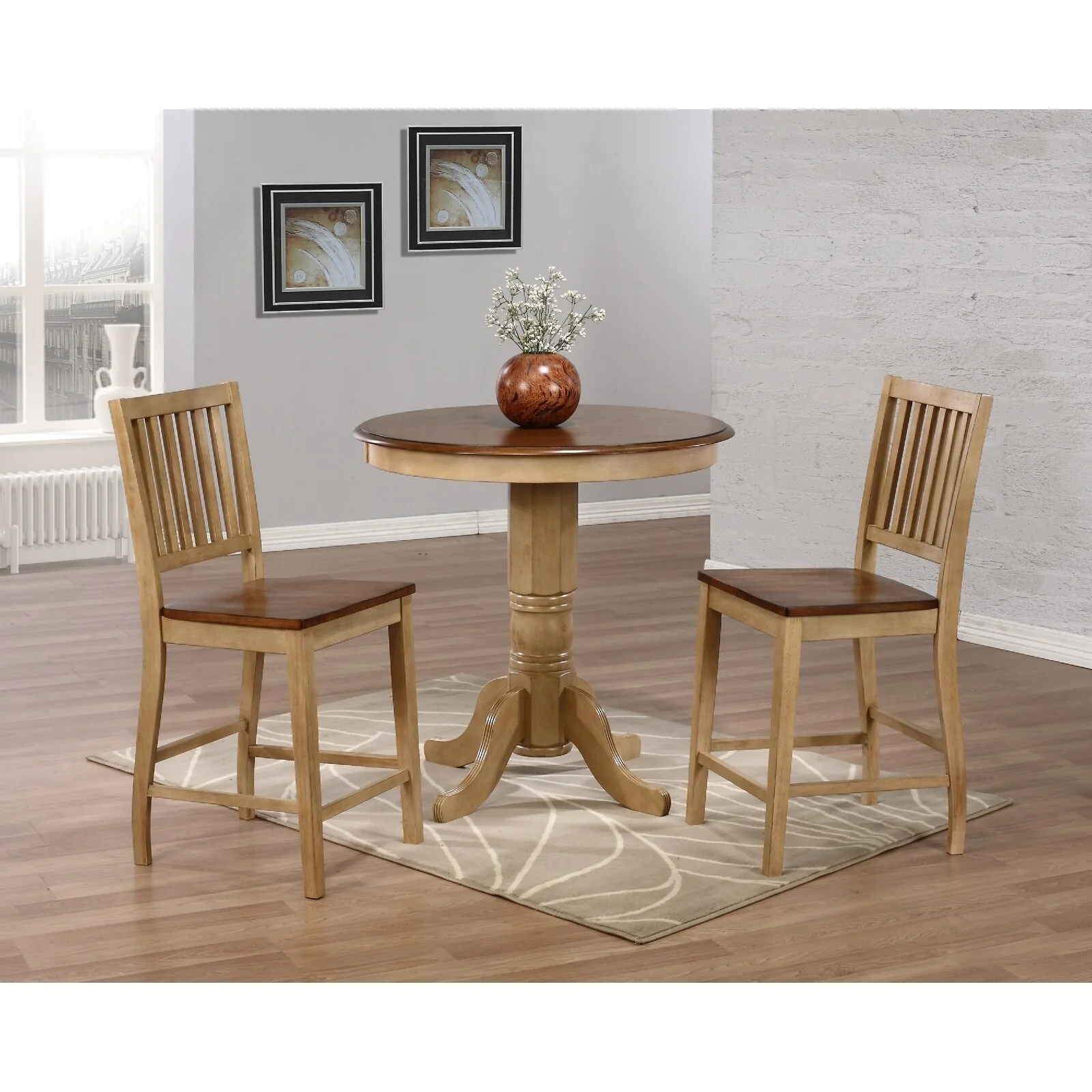 Distressed Two Tone Round Wooden Dining Table - 36 - Brown