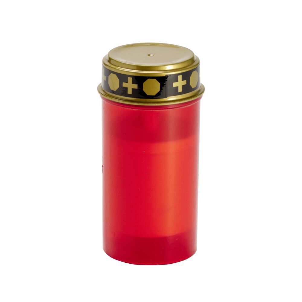 Bougie funéraire solaire plastique rouge et couvercle métal doré Ø7xH12cm