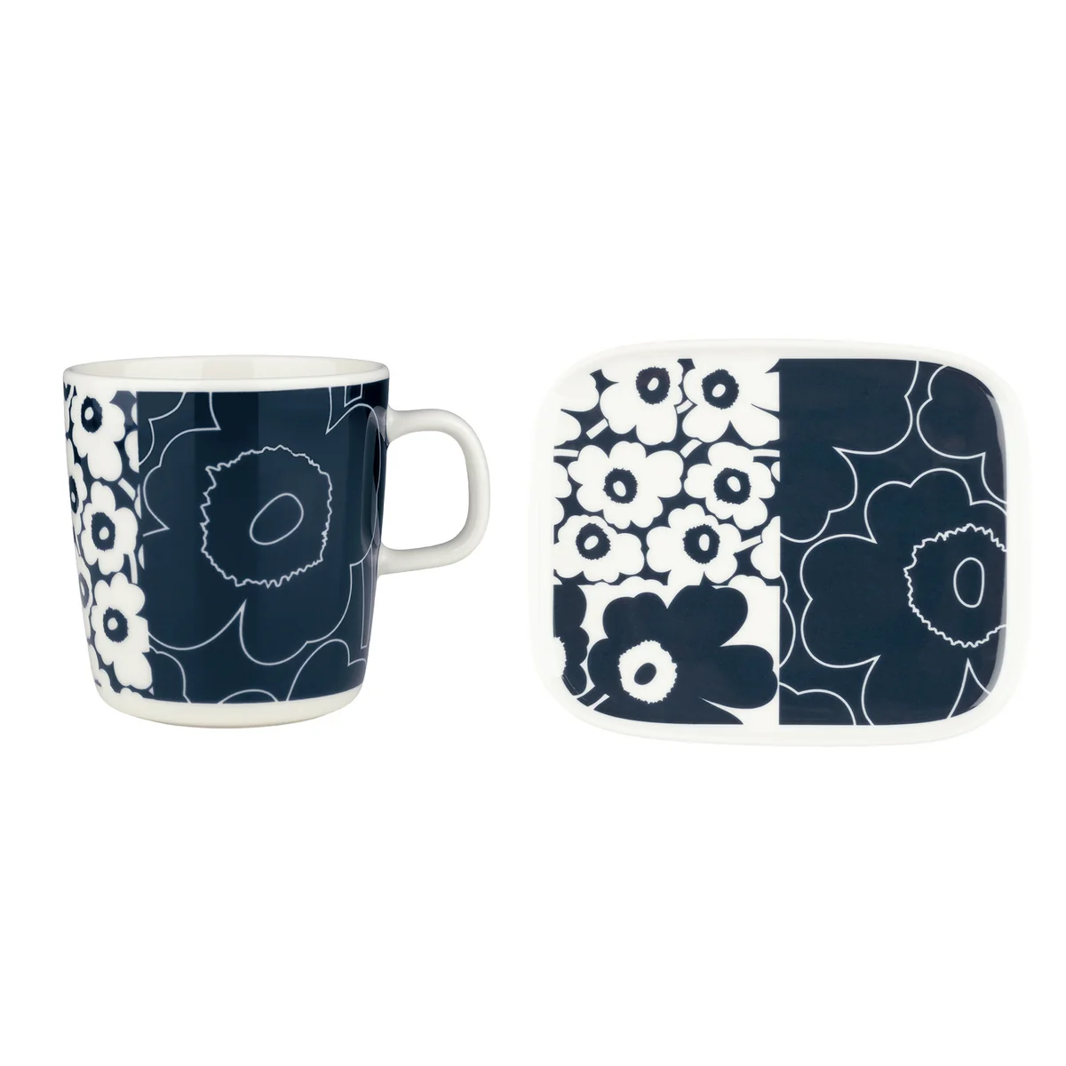 Marimekko - Oiva Unikko Kollaasi Becher mit Henkel & Teller, 400 ml, weiß / dunkelblau (60th Anniversary Collection)