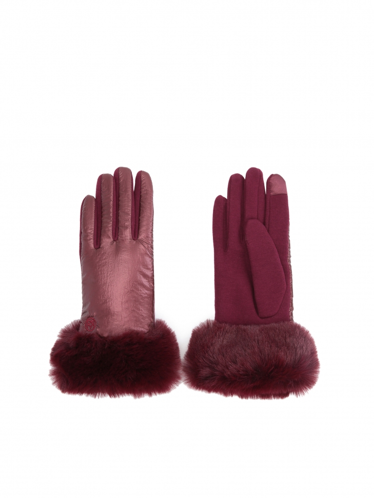 Ladies' gloves made of burgundy fabric with a satin effect finish