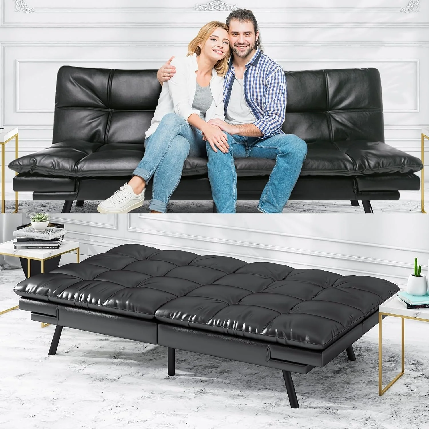 Futon Sofa Bed, Modern Convertible Sleeper Couch with Adjustable Armrests for Studio, Office, Apartment, Compact Living Room