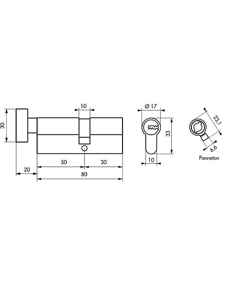 Cylindre de serrure à bouton 5G, 50Bx30mm, nickel, anti-arrachement, 5 clés - SP
