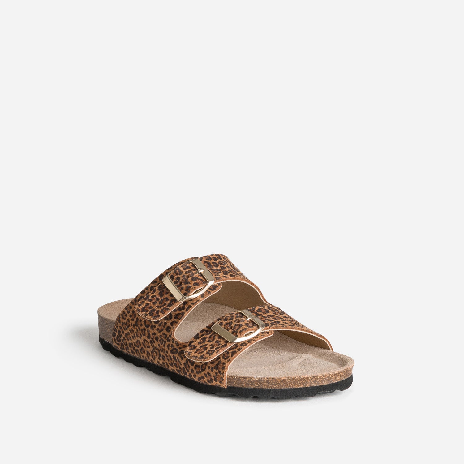 Mule anatomique marron cuir velours motif léopard