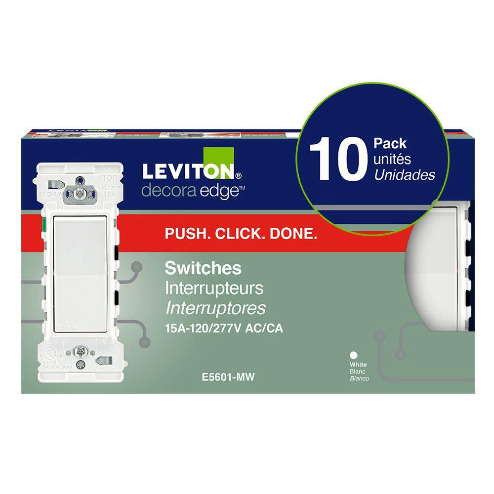 Leviton Decora Edge 15A Single Pole Switch, White, 10-pk