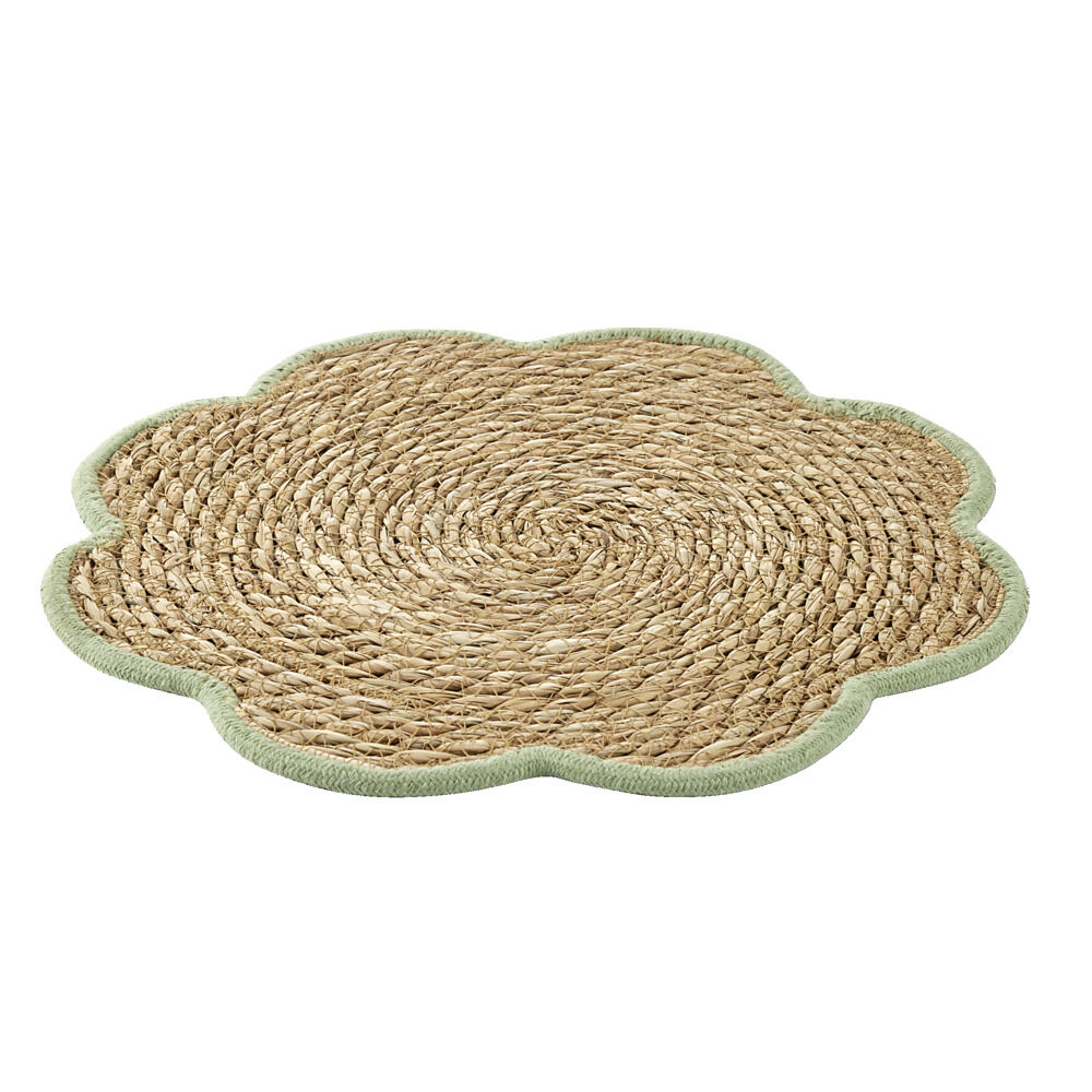 Set de table jonc de mer tressé et coton forme fleur contour vert Ø38cm
