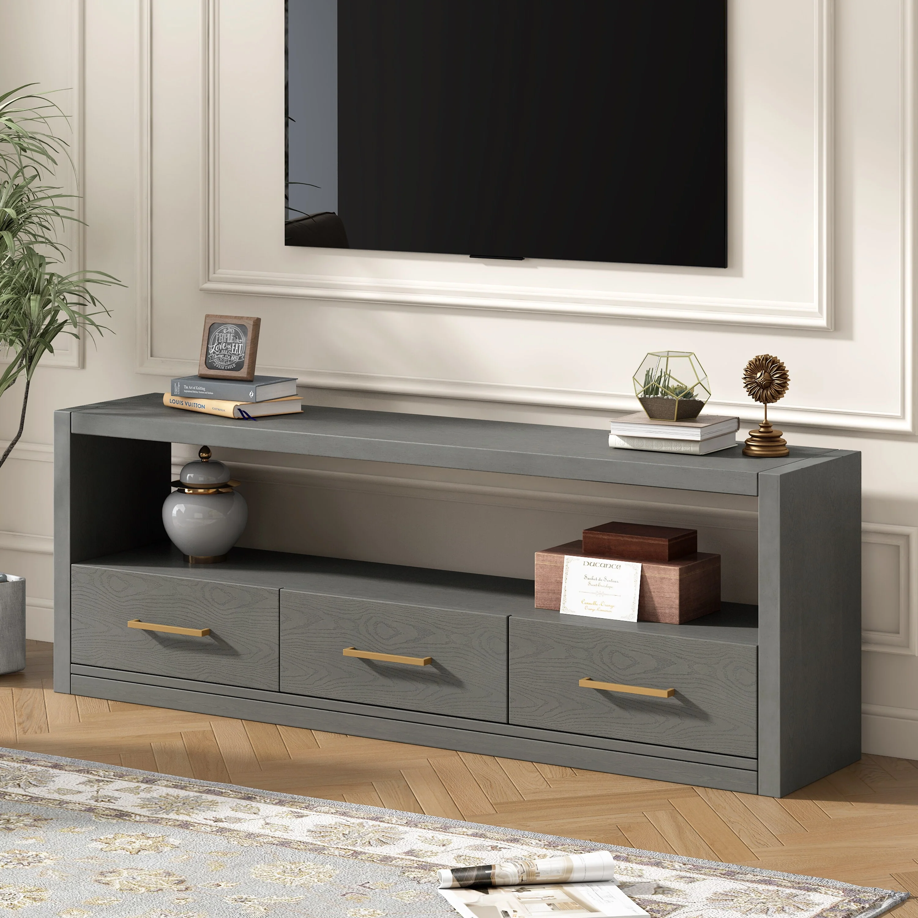 TV Stand with Three Drawers and Spacious Surface, Minimalist Design for Living Room or Hallway