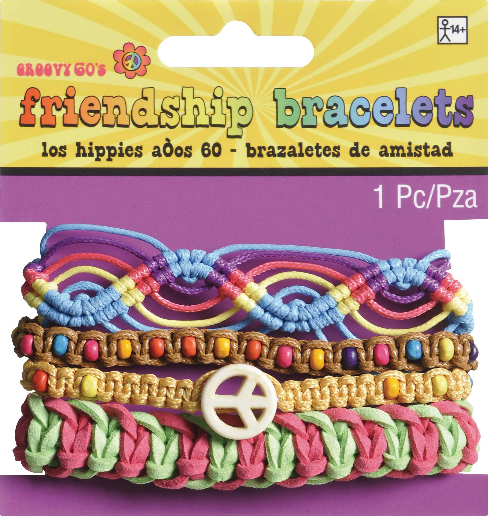 1960s Festival Boho Friendship Bracelets, Multi-Coloured, One Size, 4-pk, Wearable Costume Accessory for Halloween