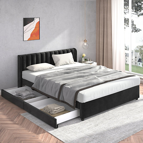 Lit Double 180x200 - Lit Capitonné en Velours Noir avec 2 Tiroirs, Lit Adulte Moderne avec Rangement