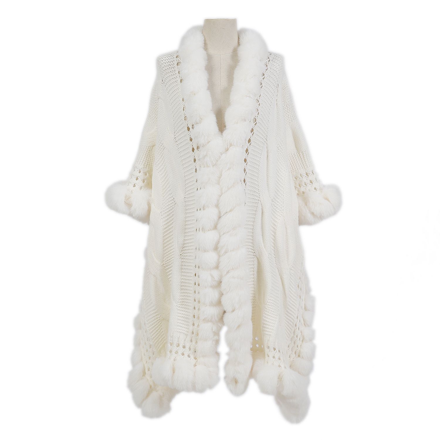 PEACH ACCESSORIES Luxurious Knitted Faux Fur Trim Cape