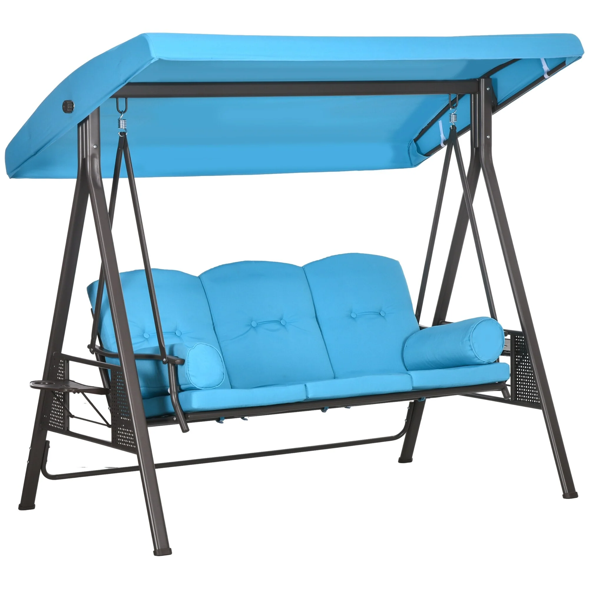 Outsunny 3-Seat Patio Swing Chair, Outdoor Porch Swing Glider with Adjustable Canopy, Removable Cushion, Pillows and Side Trays