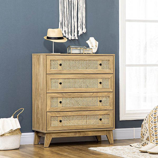 Commode 4 tiroirs style bohème chic cannage en rotin aspect bois de manguier