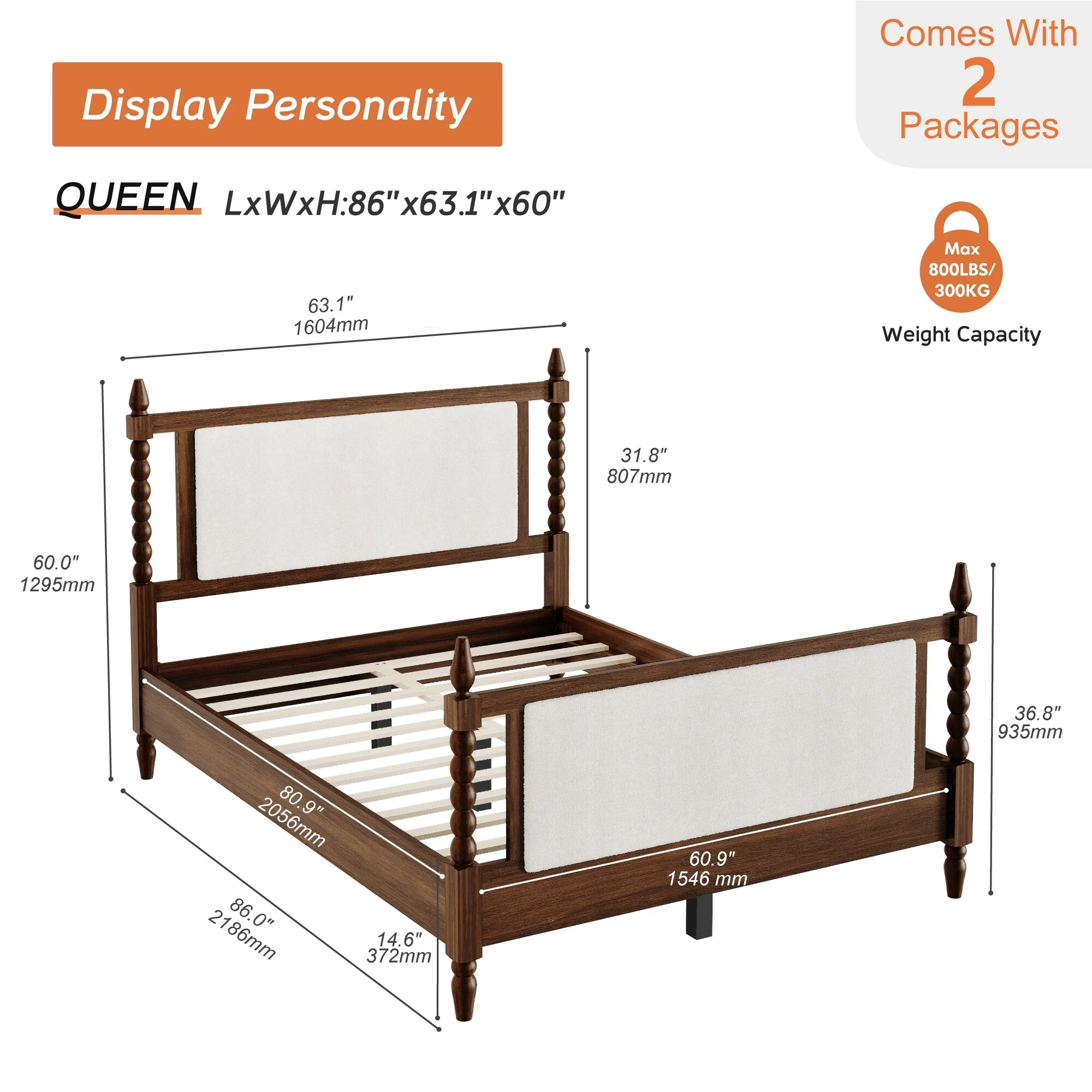 WAMPAT Vintage Queen Bed Frame – Solid Wood 4-Poster with Upholstered Headboard, No Box Spring Needed