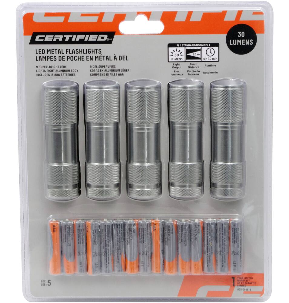 Certified 30 Lumens LED Aluminum Metal Handheld Flashlights, Batteries Included, 5-pk