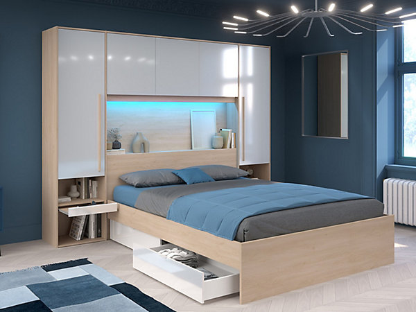Lit pont 160 x 200 cm avec rangements - avec LEDs - Coloris : Naturel et blanc brillant   Sommier   Matelas - VELONA