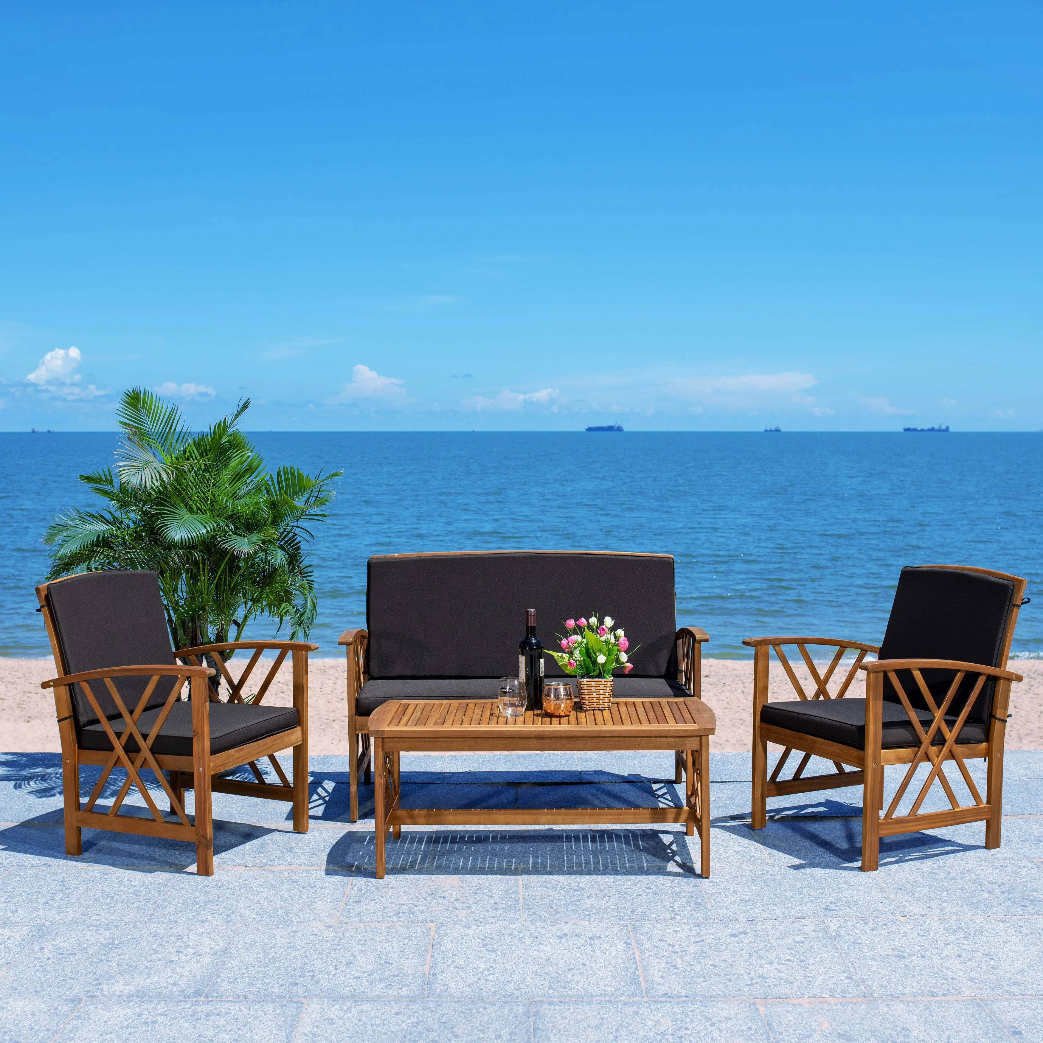 SAFAVIEH Fontana 4-piece Acacia Solid Wood Outdoor Conversation Patio Set - 47W x 26D x 33H