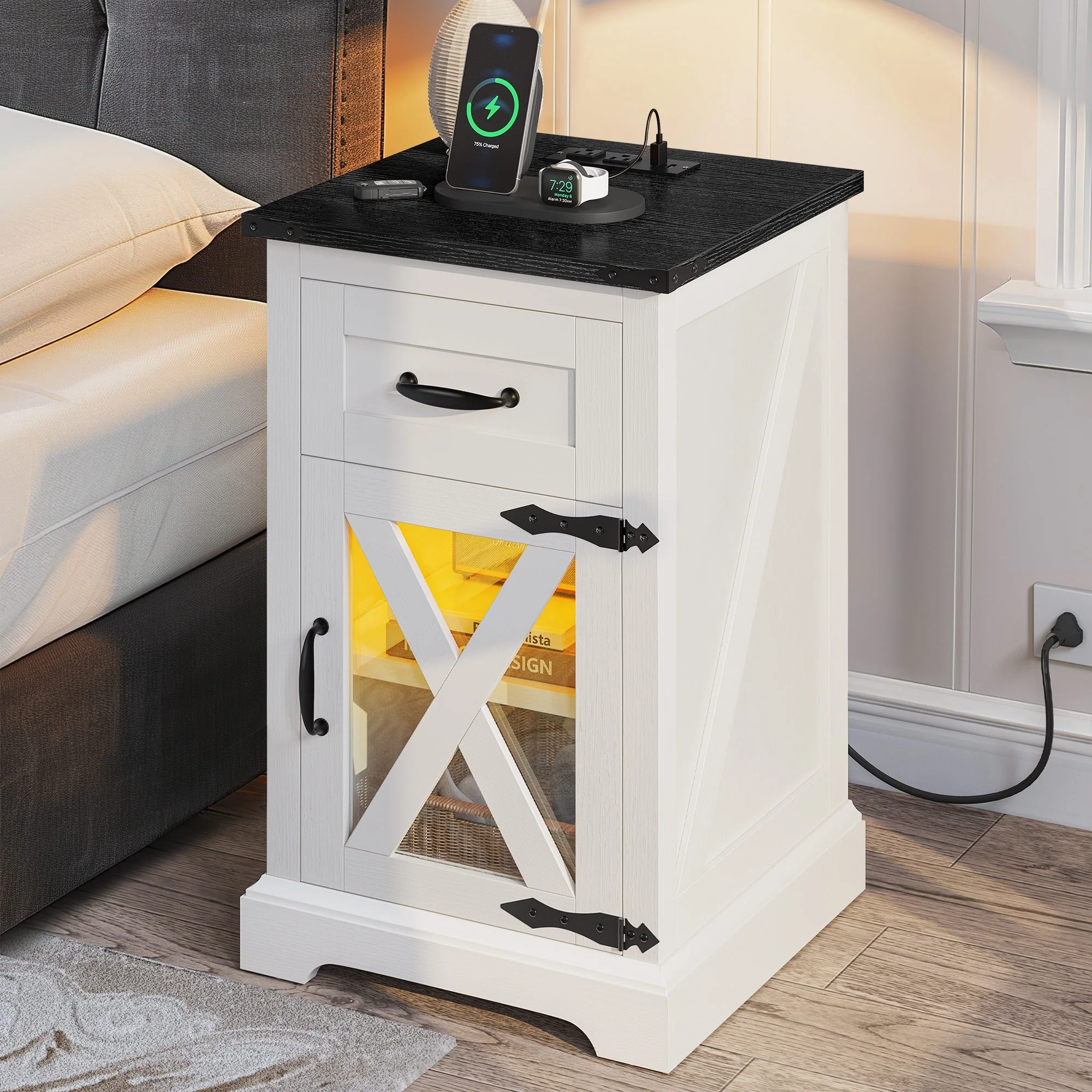 Moasis Set of 2 End Table with Drawer and Power Outlet, LED Light Side Table with Charging Station