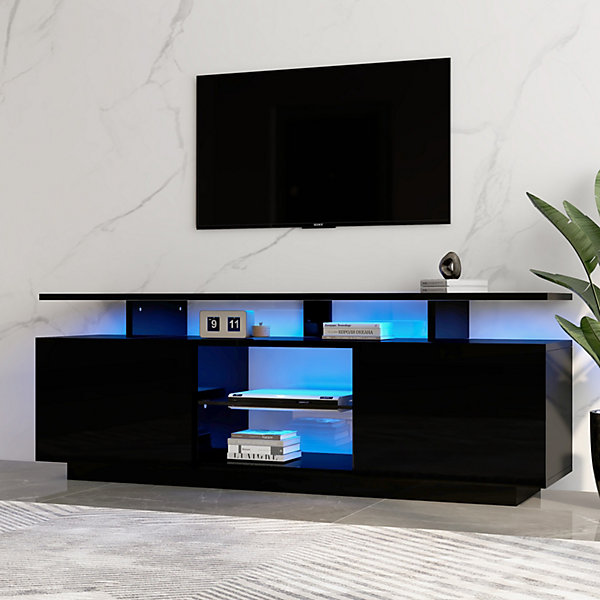 Meuble TV 140x35x55 cm noir avec éclairage LED 16 couleurs commandé par application et portes laquées