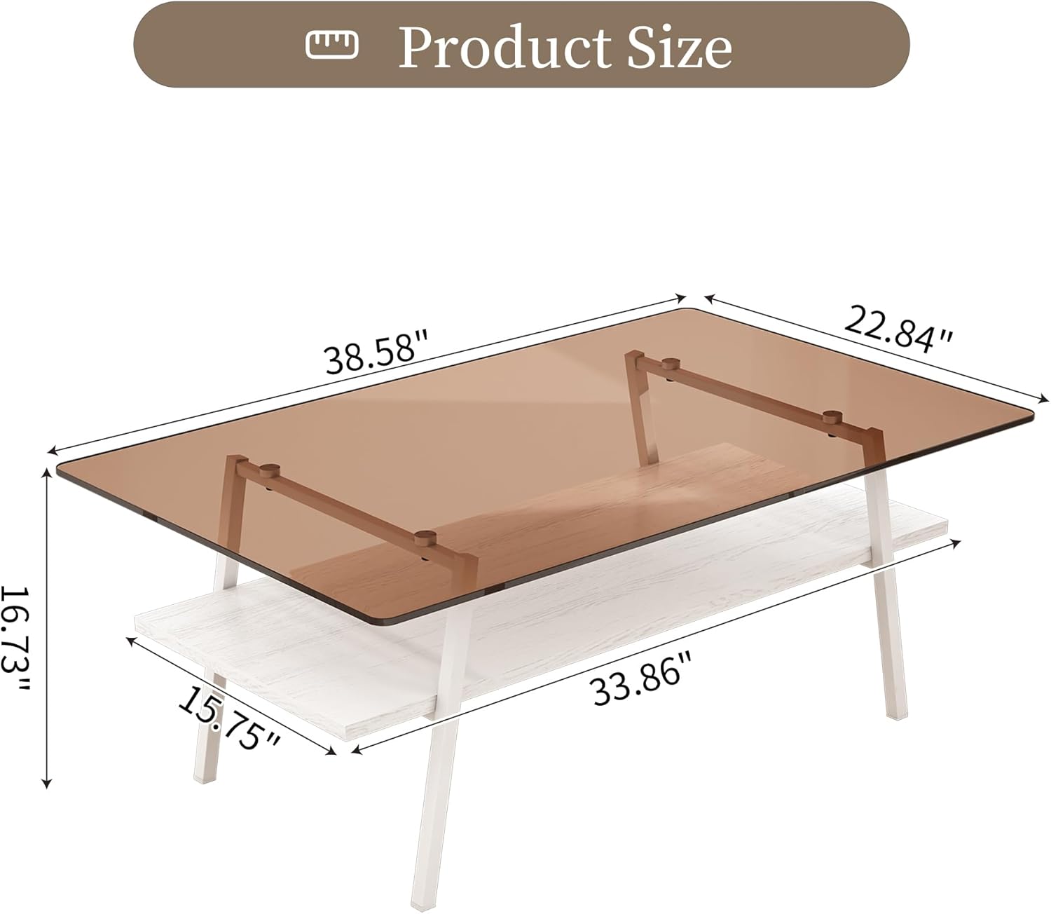 Casaphoria Rectangle Coffee Table, Modern Brown Tempered Glass Top Center Table with White Storage Shelf & Metal Legs, 2-Tier Living Room Furniture, 39 Inch, Easy Assembly