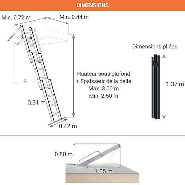 Echelle escamotable 3 plans - Haut. du sol au sol supérieur 3.00m - 9344-001