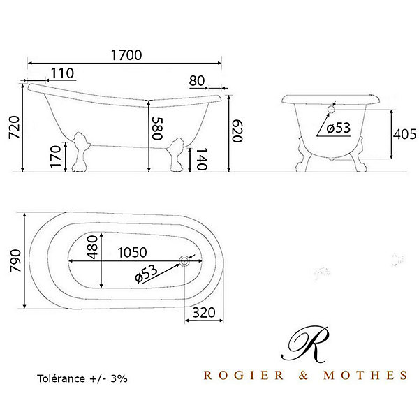 Baignoire sur pieds en fonte LIVINGSTON Blanche 170 cm Pieds blancs