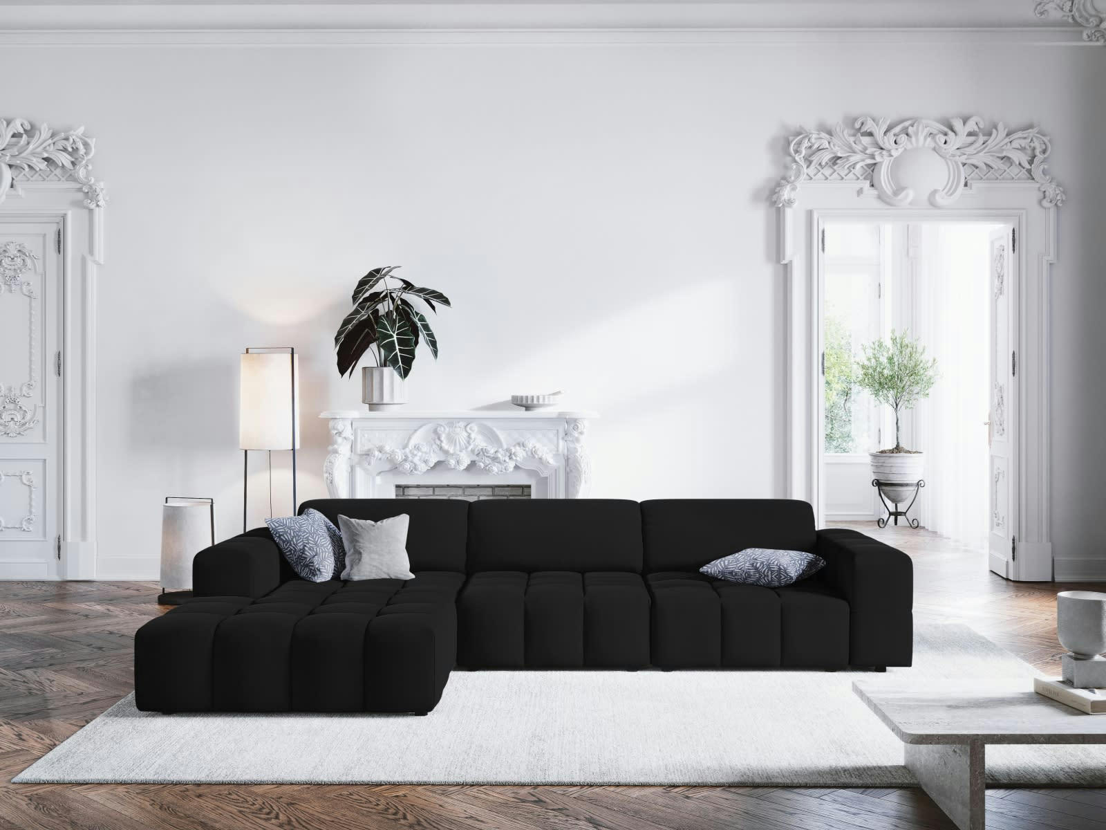 LUC - Canapé d'angle gauche 4 places en tissu velours noir