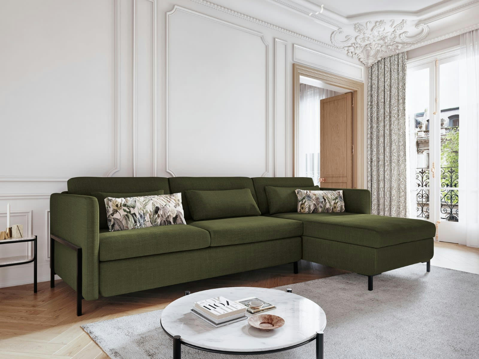 YANIS - Canapé D'Angle Droit Conv. Coffre 5 places en Tissu Structurel Vert