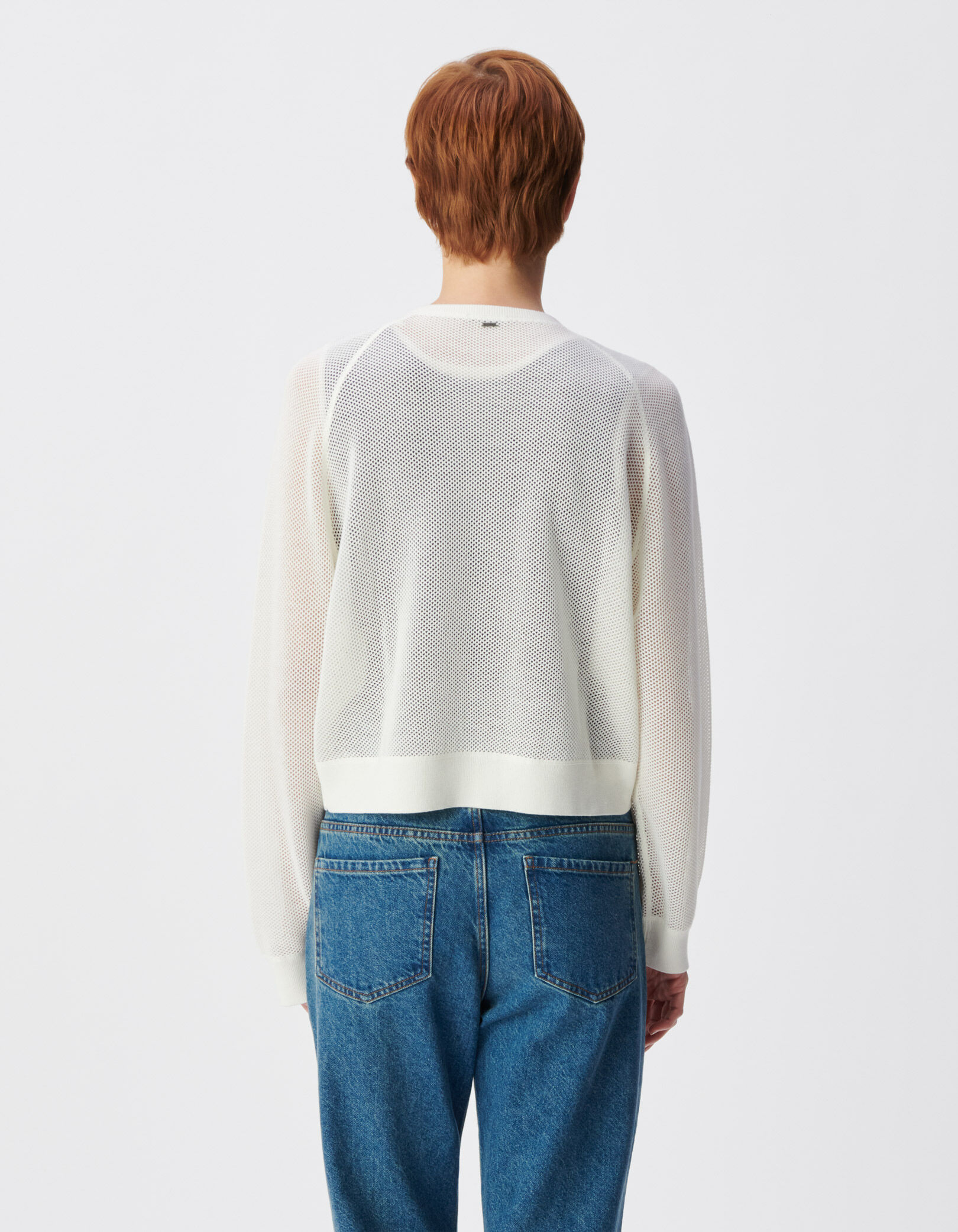 Cardigan zippé blanc tricot ajouré Femme
