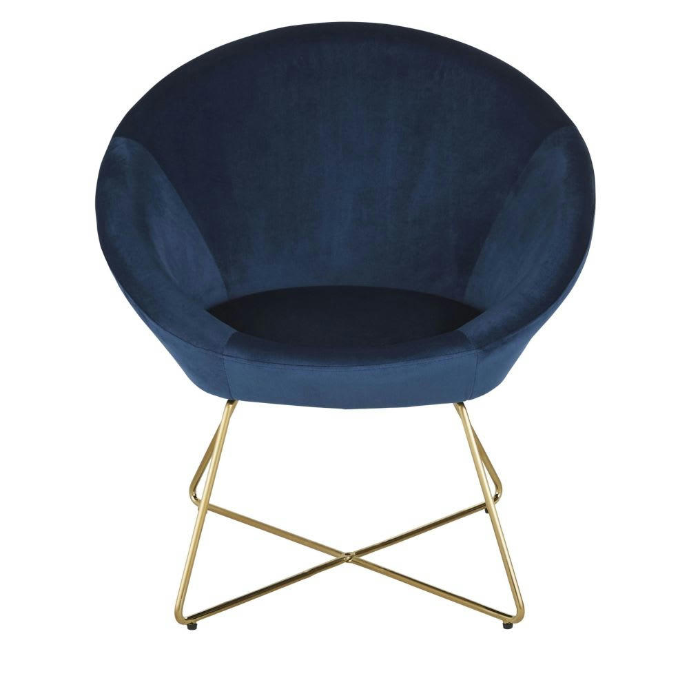 Hipop - Fauteuil en velours bleu et pieds en métal