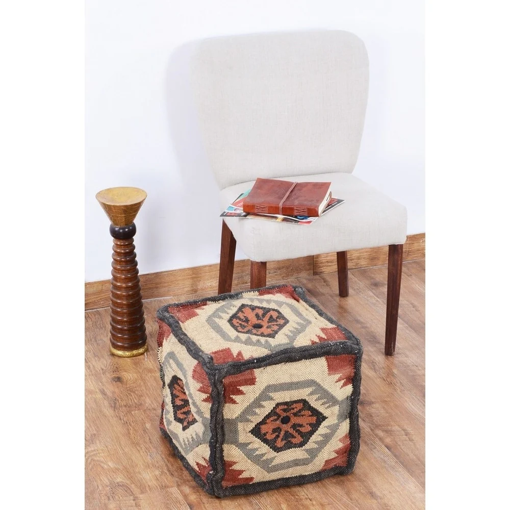 HERAT ORIENTAL Handmade Indo Wool and Jute Pouf - 16 x 16 x 16