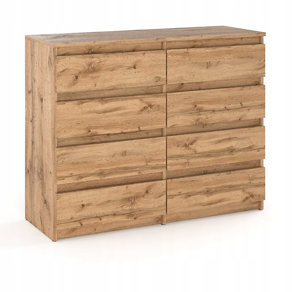 Commode moderne 120 cm Chêne Wotan avec 8 tiroirs - Grand meuble de rangement pour salon