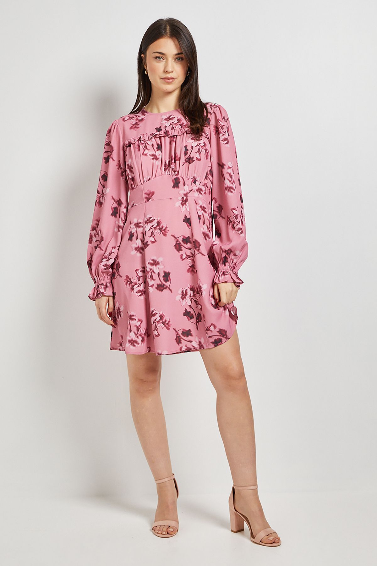 Dorothy Perkins Pink Floral Gathered Bodice Lace Back Long Sleeve Mini Dress