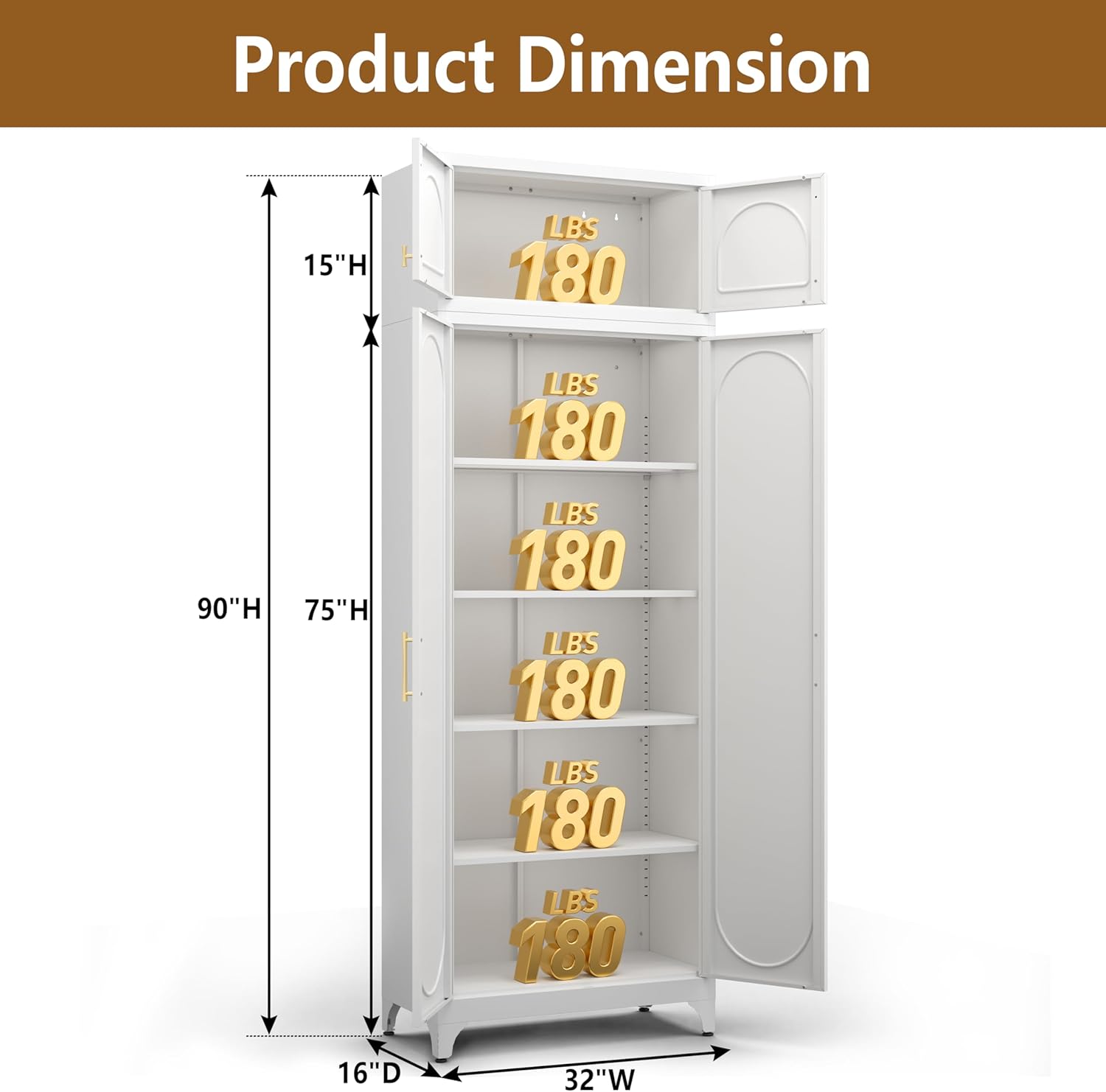 Kitchen Pantry Cabinet, 90 Tall Metal Pantry Cabinet, Food Cupboards with Doors and Shelves, Freestanding Storage Cabinets for Dining, Living Room, 16D x 32W x 90H, White, Assembly Required