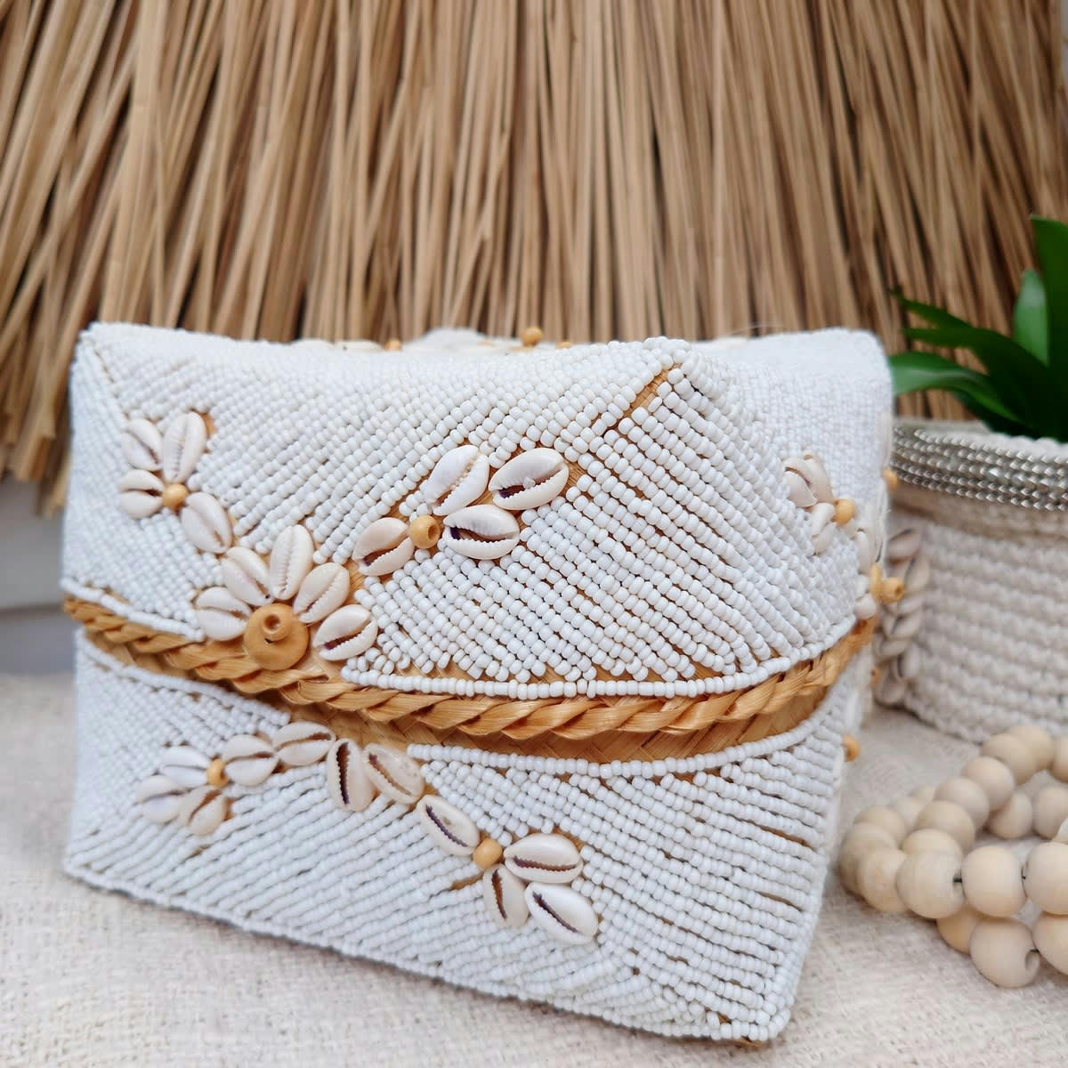 PERLA - Boîtes en bambou, perles et coquillages, blanc - Lot de 3