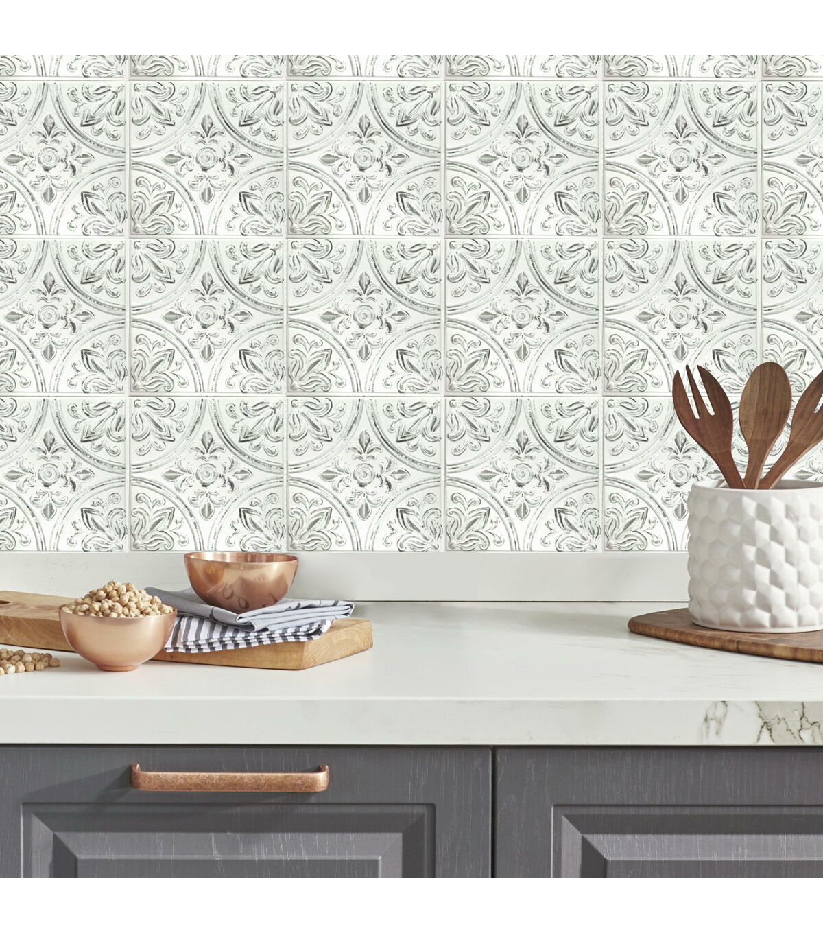 White Tin Peel & Stick Tile Backsplash