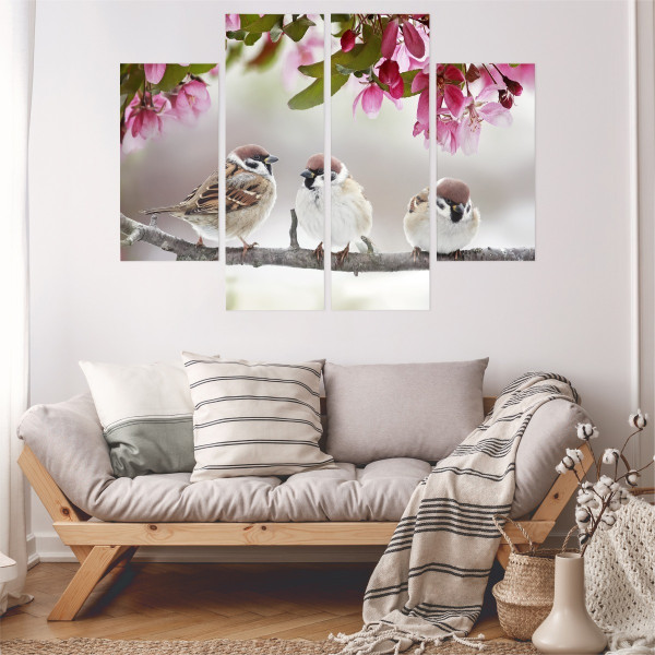 Obraz Tetraptyk Do Salonu Ptaki Pośród Kwiatów 80x60cm