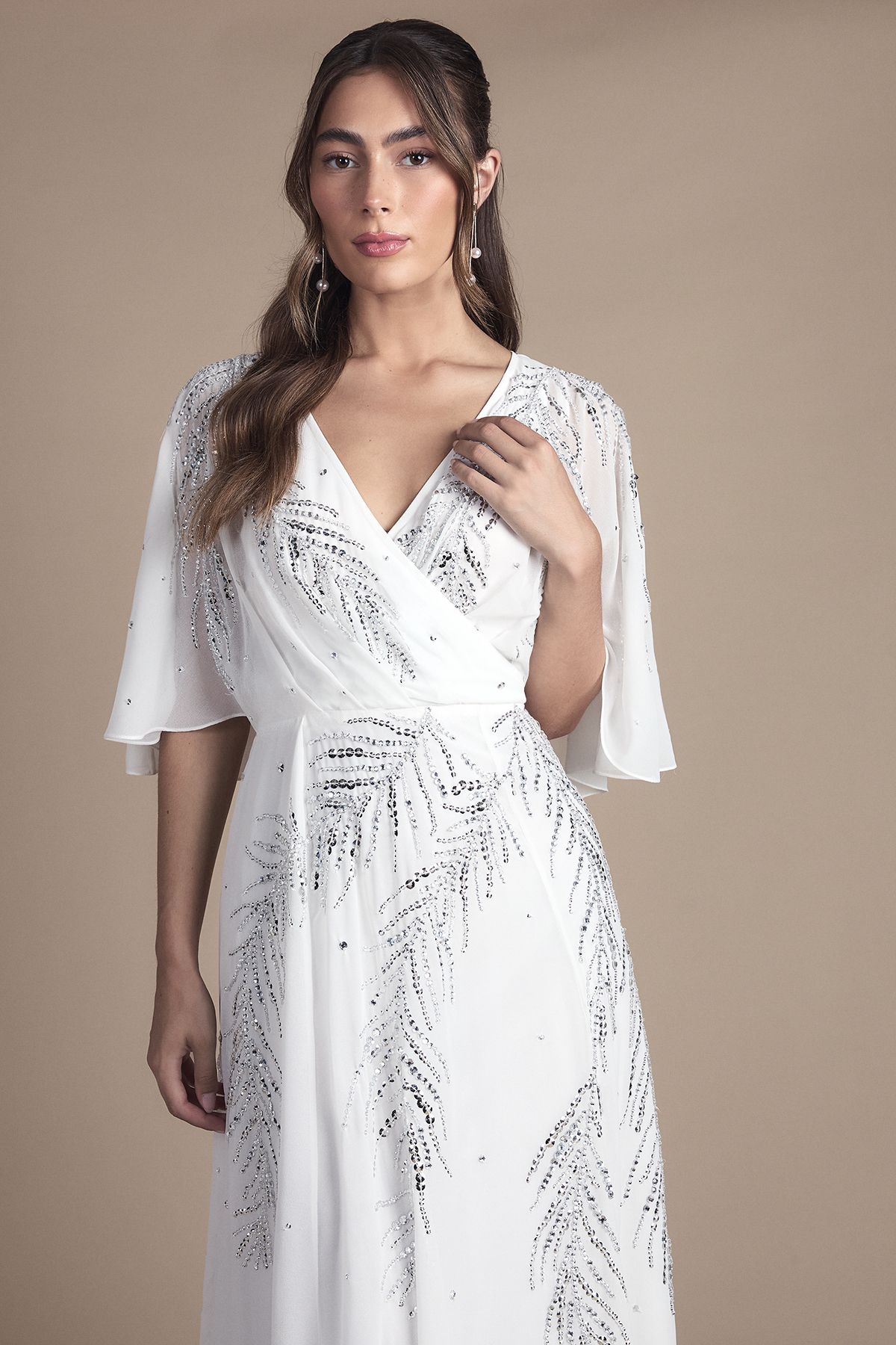 Coast Sequin and Embellished Angel Sleeve Wrap Detail Maxi Wedding Dress with Cape Back