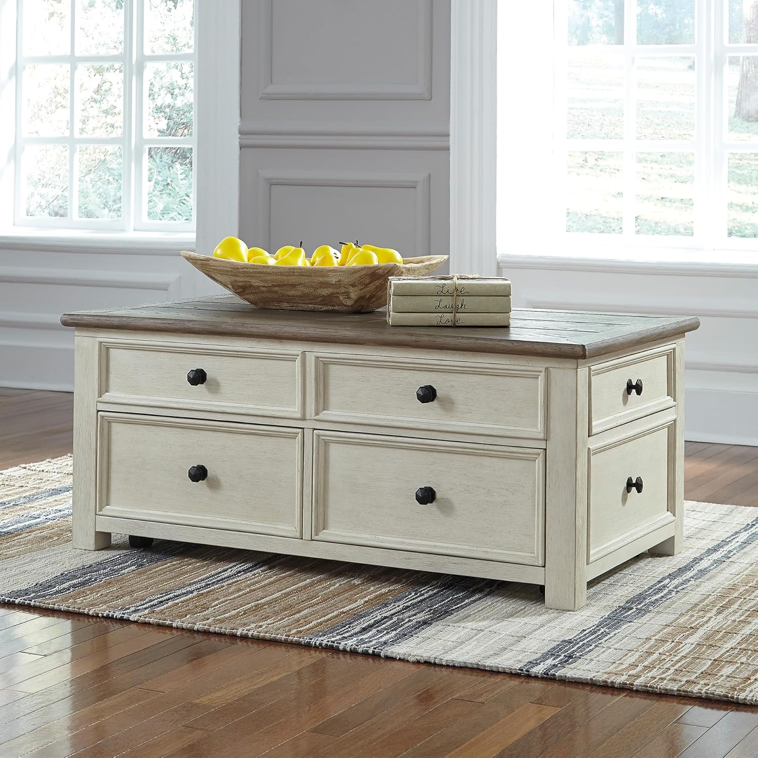 Signature Design by Ashley Bolanburg Lift-Top Coffee Table with Storage Two-Tone Rustic Farmhouse Cocktail Table – Brown/White
