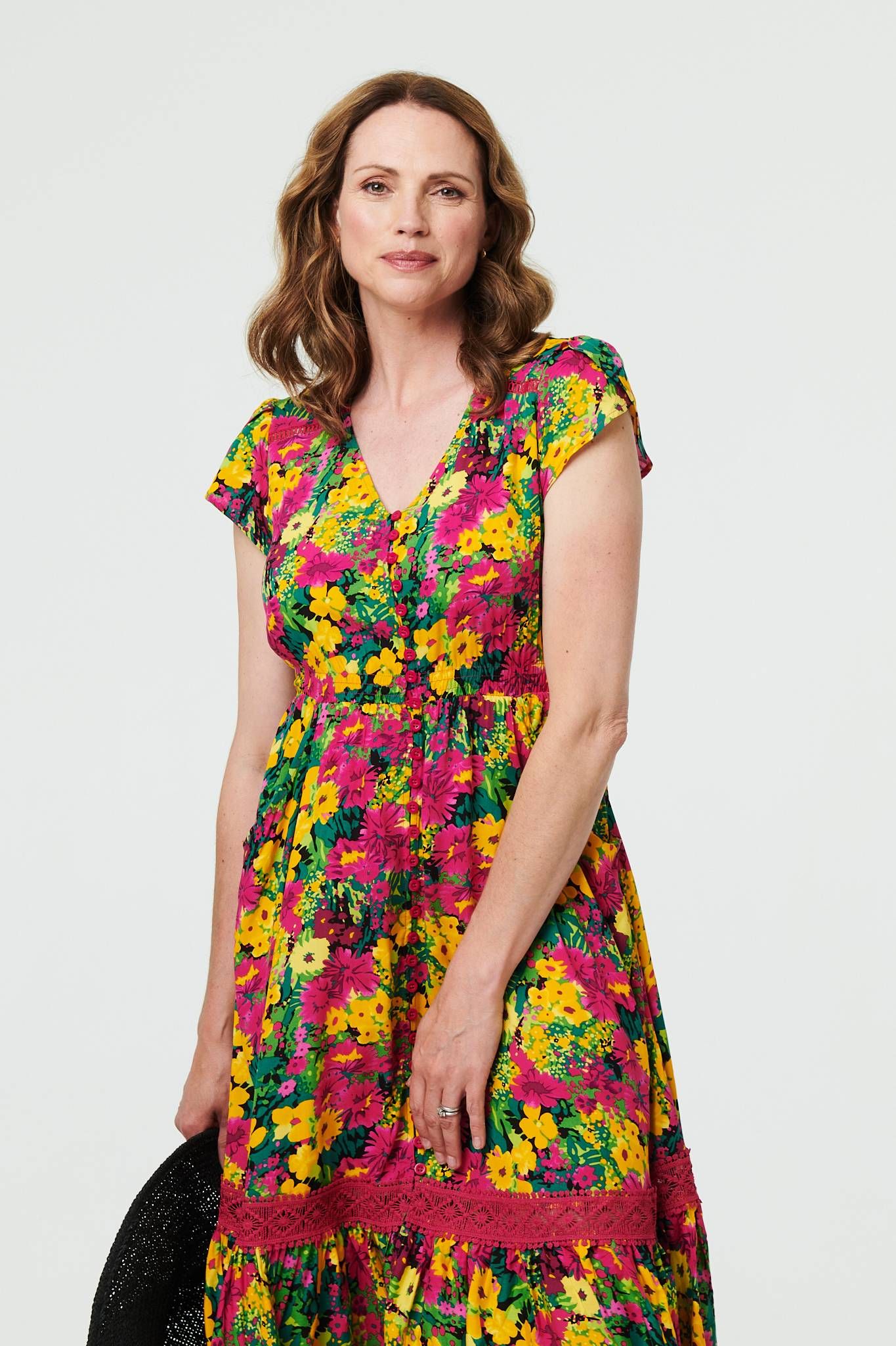 Izabel London Floral Lace Trim Cap Sleeve Midi Dress
