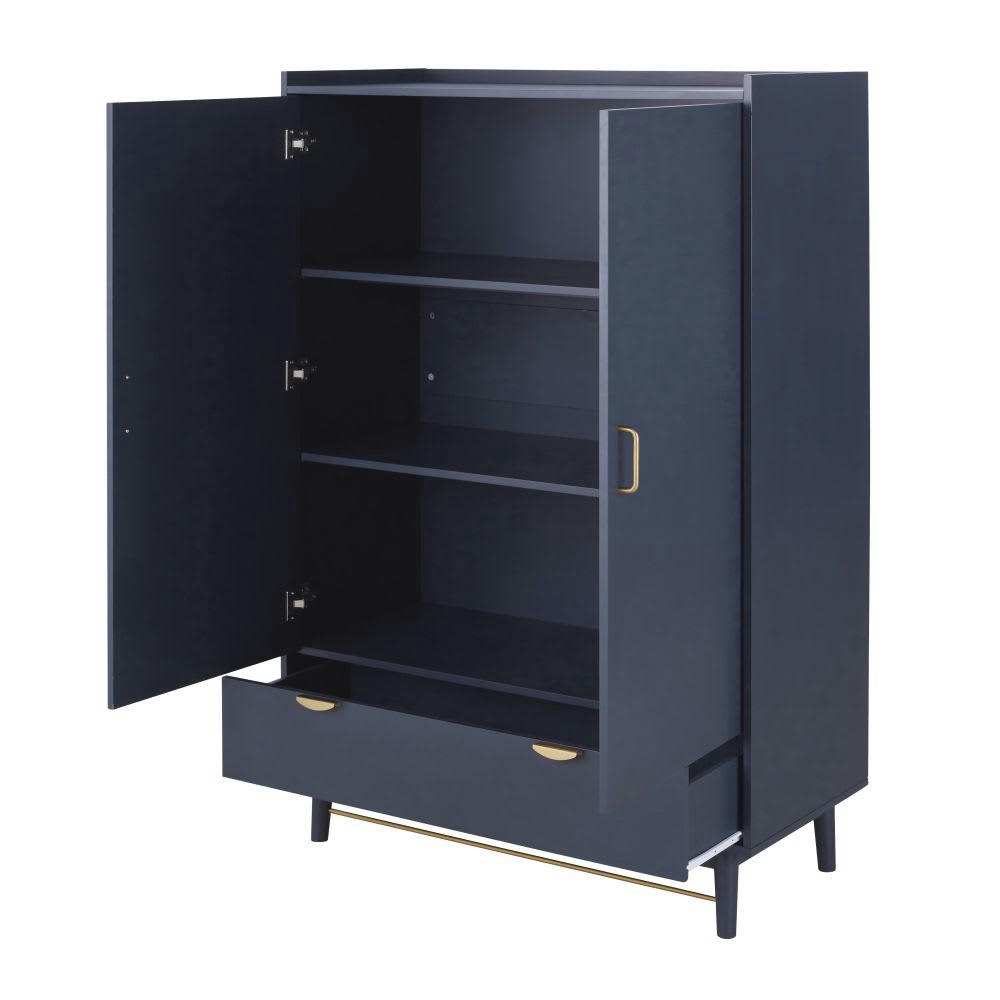 Penelope - Armoire 2 portes 1 tiroir bleu et métal finition laiton