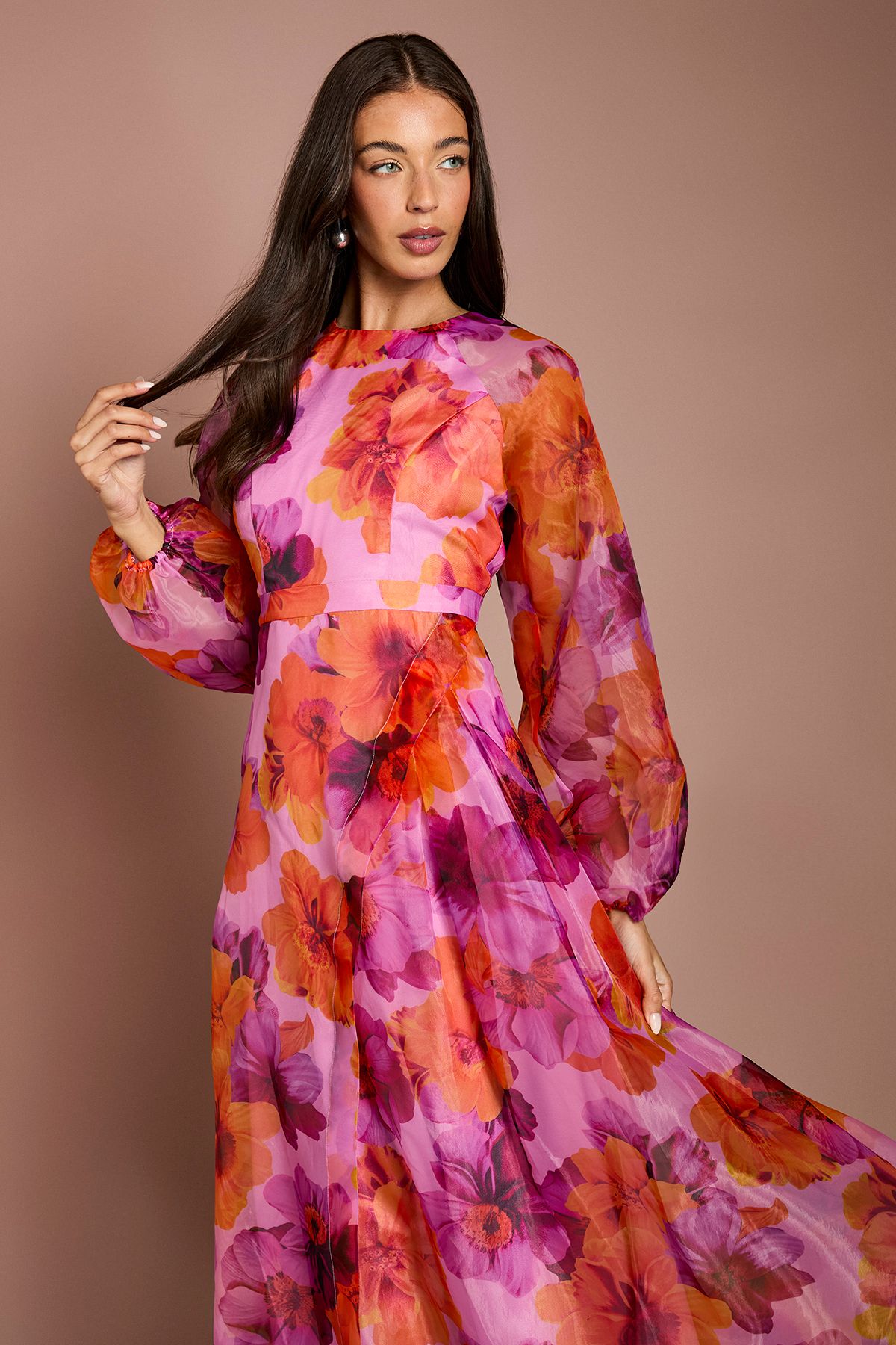 Coast Organza Wrap Waist Puff Sleeve Midi Dress