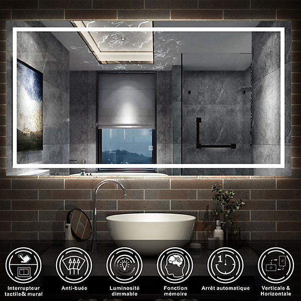 Miroir de salle de bain LED dimmable, avec mémoire et anti-buée, 160x80cm, IP44, AICA SANITAIRE