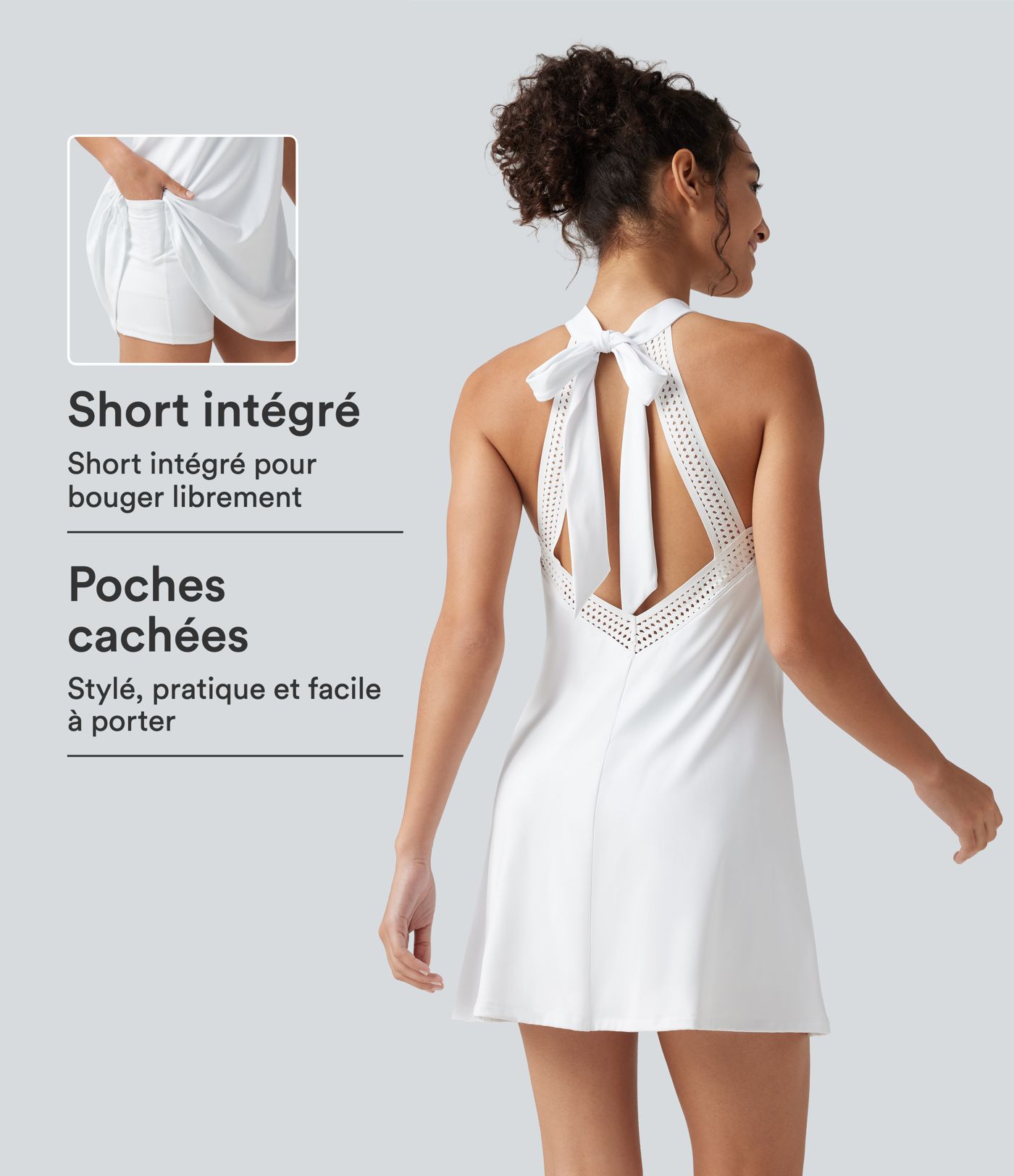 Robe-short mini SoftlyZero™ Airy effet frais InstantCool pour le yoga longueur allongée avec dos noué, coussinets amovibles, poche et protection solaire UPF50