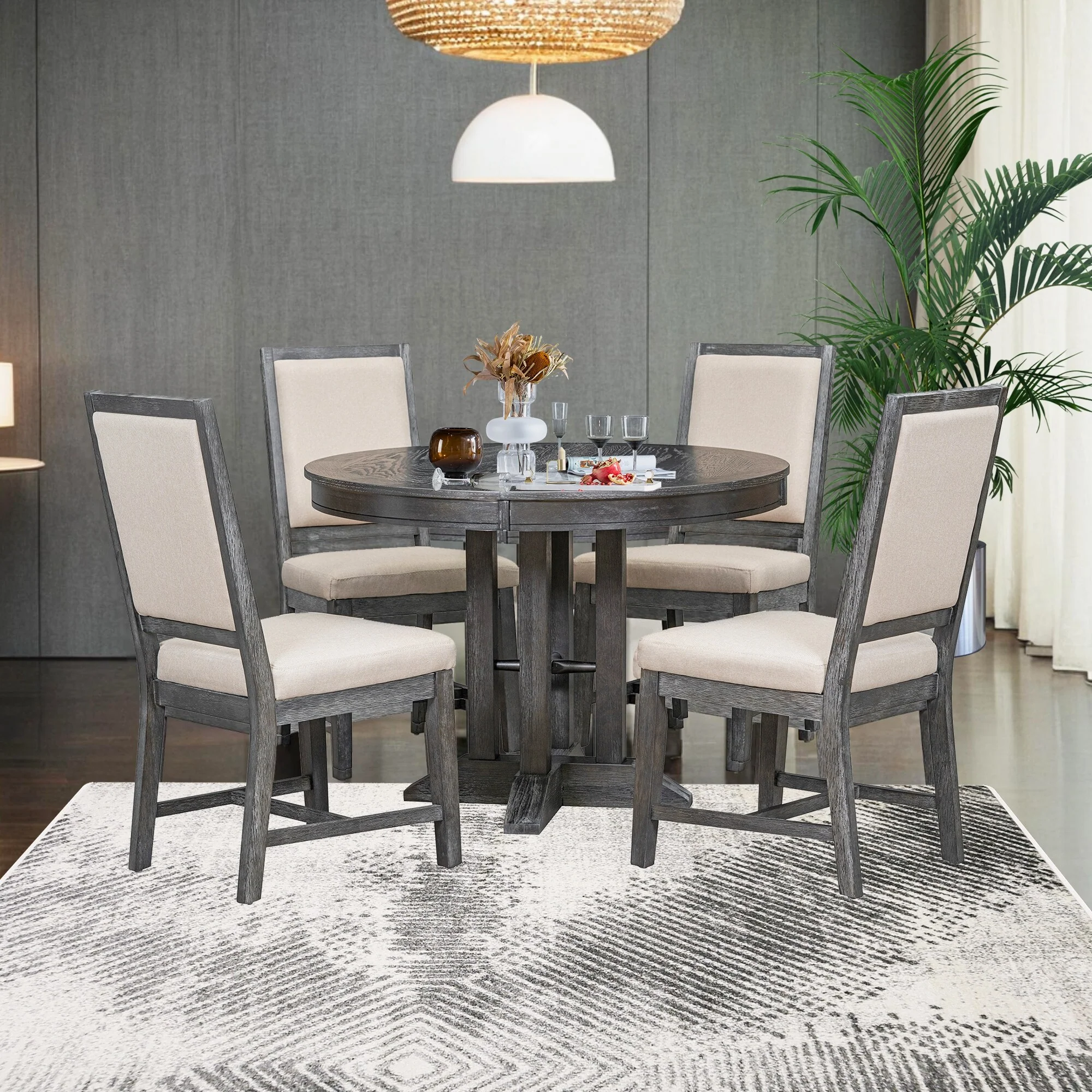 5-Piece Farmhouse Wooden Dining Set with Extendable Round Table and 4 Upholstered Chairs for Kitchen