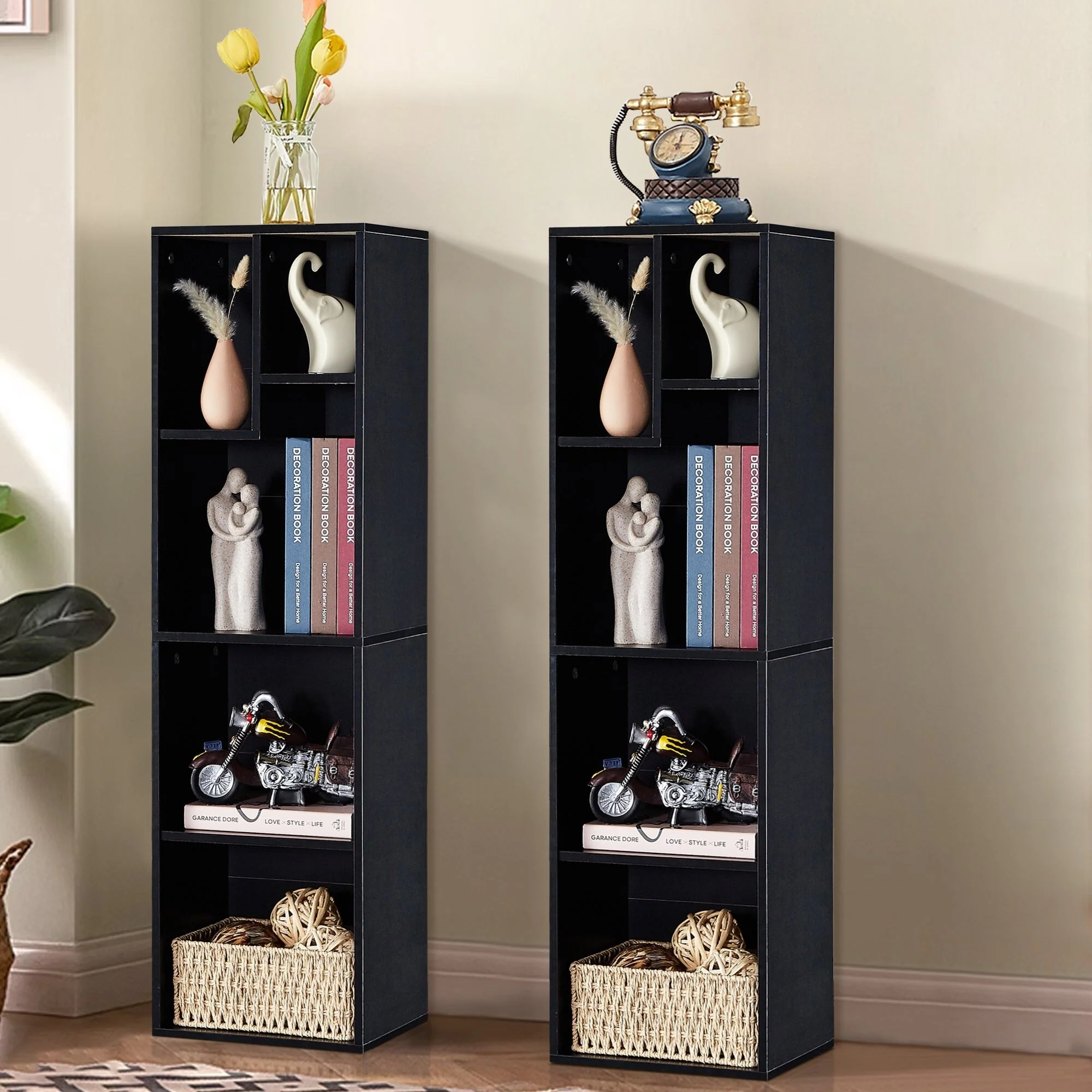 VECELO, (Set of 2) 4-Tier Five Open Cube Wooden Bookcase Organizer, Bookshelf, Book Storage