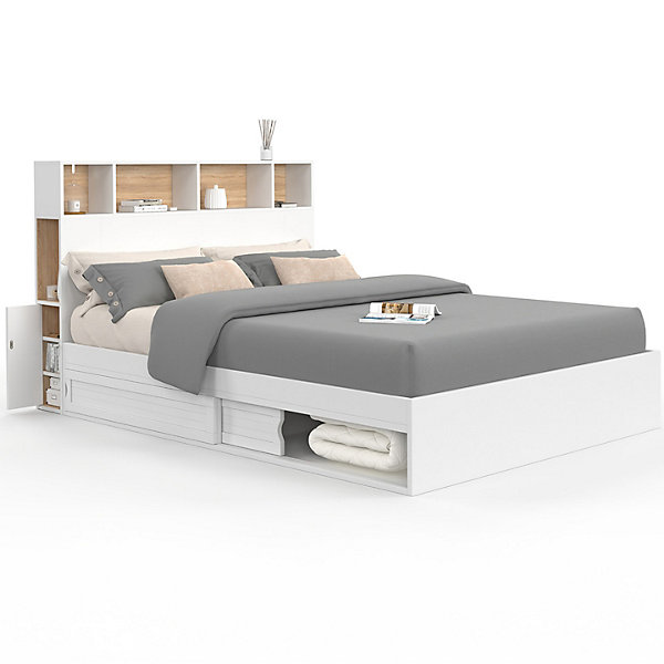 Lit double CLEM avec tête de lit, rangements et sommier 140 x 190 cm blanc