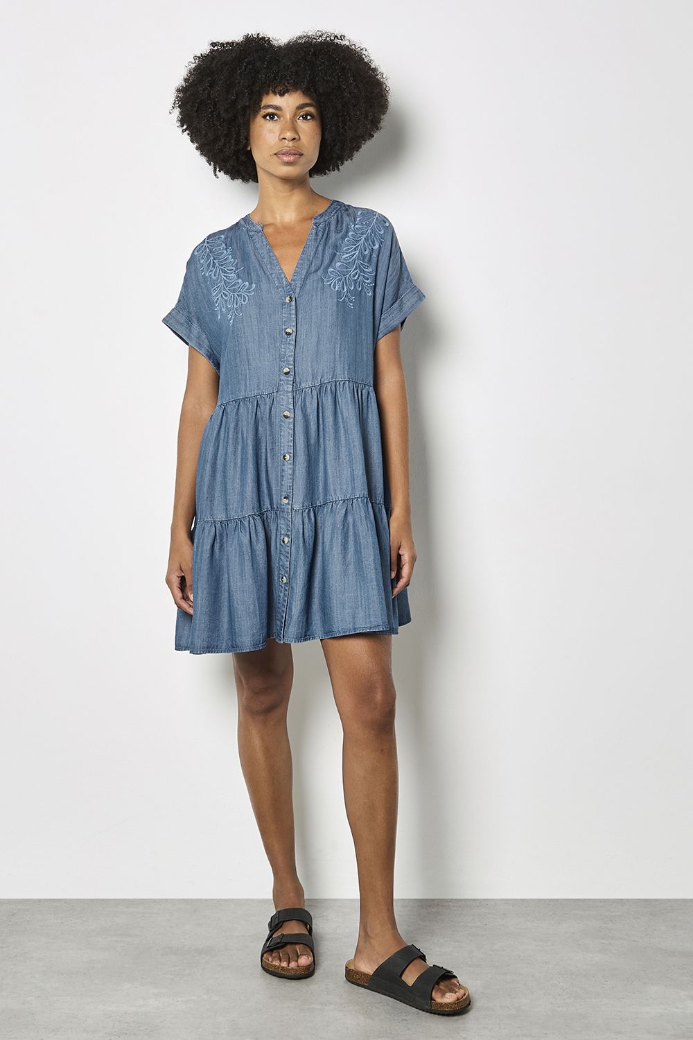 Apricot Embroidered Denim Tiered Mini Dress