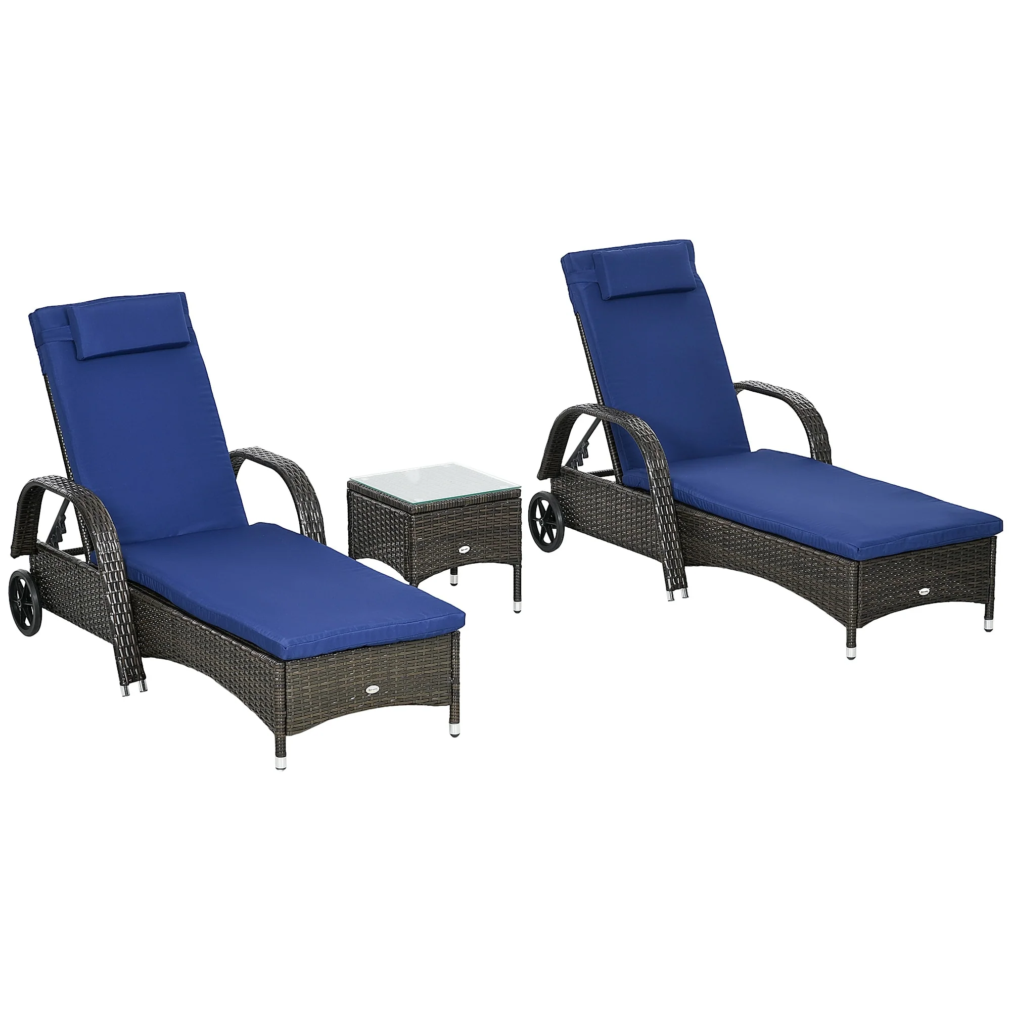 Outsunny Wicker Outdoor Chaise Lounge Set of 2 with Table, 5-Level Adjustable Backrest PE Rattan Pool Lounge Chair with Wheels